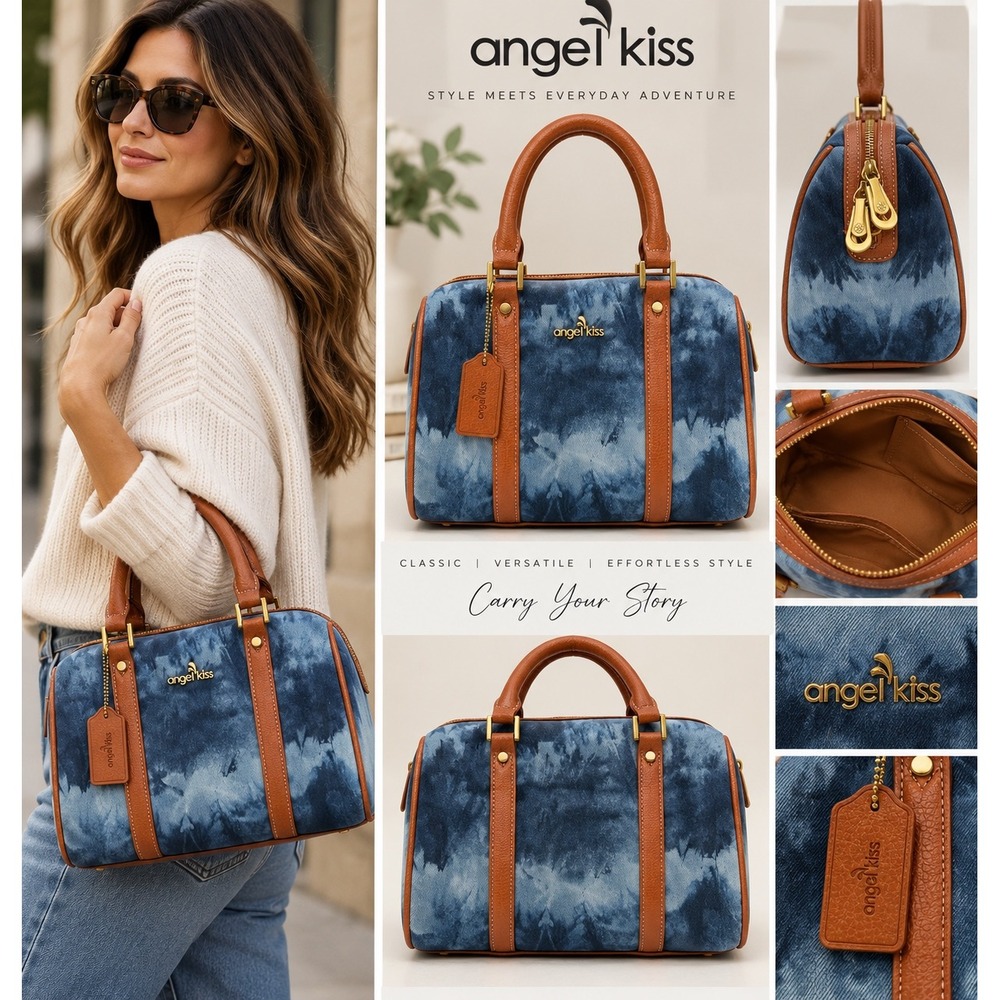 Angel Kiss Satchel Handbag Blue Tie Dye Denim Print Cognac Brown Trim Gold Tone